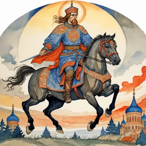 Prompt: a courageous Russian hero on a good horse, illustration for the work Ruslan and Lyudmila, Bilibin style, high quality, dazzling reflected light, incredible art, focus, watercolor,