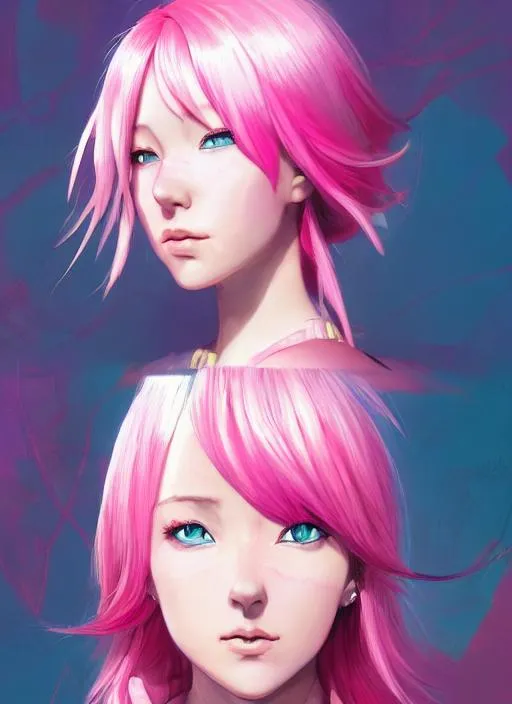 Prompt: Portrait of anime woman with pink hair and with cute face, tech background, perfect composition, hyperrealistic, super detailed, 8k, high quality, trending art, trending on artstation, sharp focus, studio photo, intricate details, highly detailed, by Fiona Staples