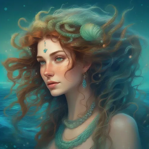 Prompt: A beautiful, enchanting and colorful and caucasian Canadian/Irish/French with light freckles woman (a greek goddess of the sea) with magical tentacles as hair, some gentle scales on her skin and jewelry in the style of the sea, starfish and seaweed staring confidently profile picture