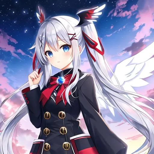 Prompt: Better quality, female character, silver hair, long twintail hair with x Hairclip, blue eyes, red and black coat, angel wings on back, night sky, clouds, flying,