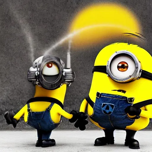 Prompt: two Minions with Cutters, Cut a Red network cable, black yellow smoky back ground, building in the background, yellow Anime, gothic, dark art, 4k,