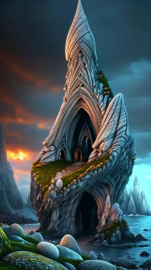 Prompt: "beautiful cozy spire of stones" intricate hyperealistic Hyperdetailed artwork. rule of thirds photography. Fantastical Expansive cavernous seacave. Volumetric lighting split-complementary colours. Evocative enigmatic meeting place. Fantasy house tree. Vivid Cove of sandy beach