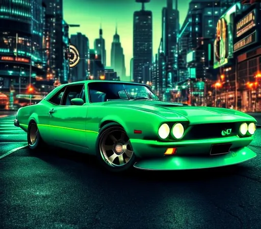Prompt: Cars retro, lamp color green and blue , hd, 4k, real, highly detail, backgroud city highly detail, 