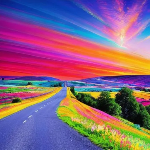 Prompt: Embark on a journey through a surreal and vibrant countryside scene as you envision a country road, awash with vibrant colors, and a trippy sky adorned with a UFO. Picture a whimsical landscape that blends reality and fantasy, where the ordinary transforms into the extraordinary. Let your artistic imagination soar as you capture the kaleidoscope of colors and the enigmatic presence of the UFO in the sky. Visualize a winding country road, surrounded by lush fields and vibrant foliage, bathed in an array of bold and vivid hues. Above, imagine a sky that defies conventions, swirling with psychedelic patterns and ethereal colors, with a UFO hovering amidst the mesmerizing display. Allow the AI to generate an artwork that captures the essence of this dreamlike scene, using a blend of surrealistic elements, vibrant color palettes, and intricate details. Experiment with brushstrokes, gradients, and textures to create a visually captivating and emotionally immersive piece. This artwork invites viewers to escape reality and immerse themselves in a world of whimsy, where the boundaries of the possible are expanded. Unleash your artistic expression to create a visually stunning and emotionally evocative masterpiece that transports viewers to a surreal countryside filled with vibrant colors and extraterrestrial wonder."