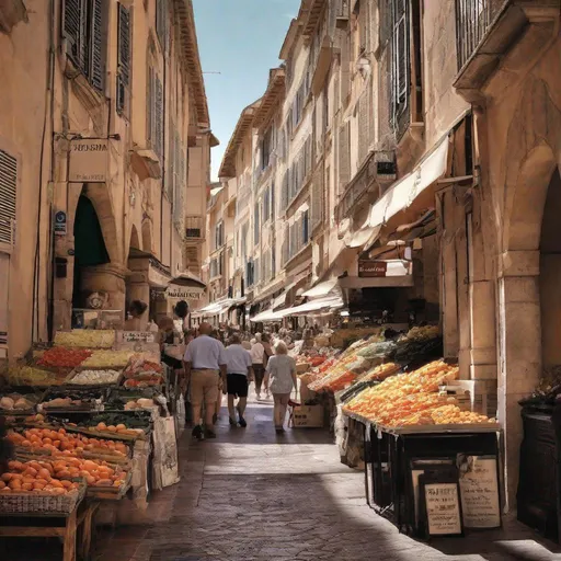 Prompt: market street in french riviera, photography,