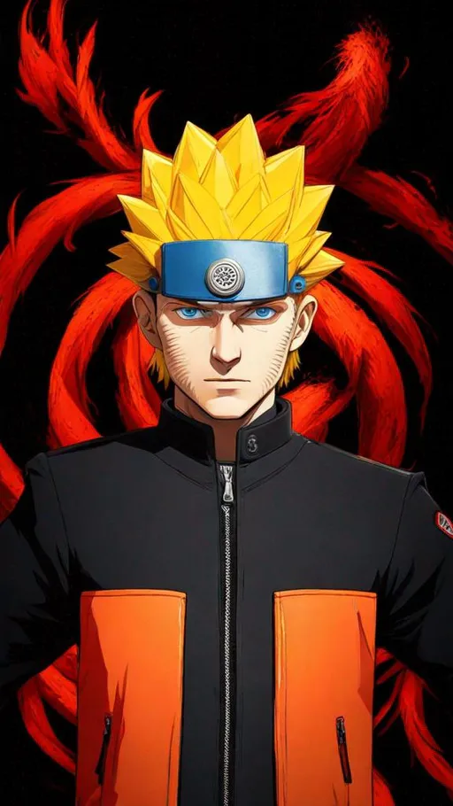 Prompt: Ultra realistic of a European man, blue eyes, blond spiky hair, wears a black uniform jacket with an orange zipper and buttons on the waist and sleeves, which can be folded up at times. He has a red armband with an Uzumaki crest on his left arm, wears a net black tshirt below the jacket and wears a blue forehead protector with a silver leaf village logo. Full shot, Atmospheric lighting, By Makoto Shinkai, Stanley Artgerm Lau, WLOP, Rossdraws, James Jean, Andrei Riabovitchev, Marc Simonetti, krenz cushart, Sakimichan, D&D trending on ArtStation, digital