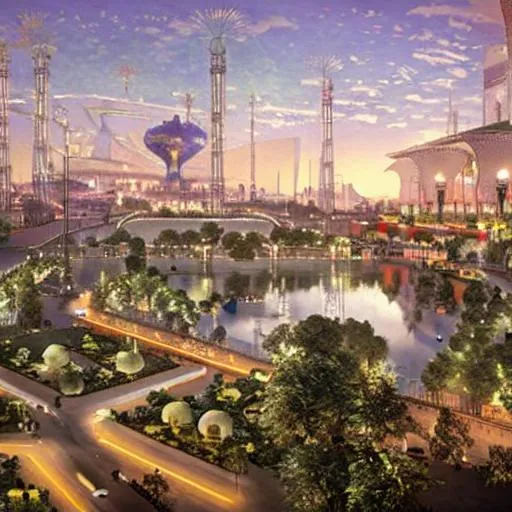 Prompt: Moorish city hyper-realistic, far-future very dense cityscape, eco-friendly, lots of foliage, flying cars in the sky, neon lights, dusk, lots of lakes and streams, worlds' fair
