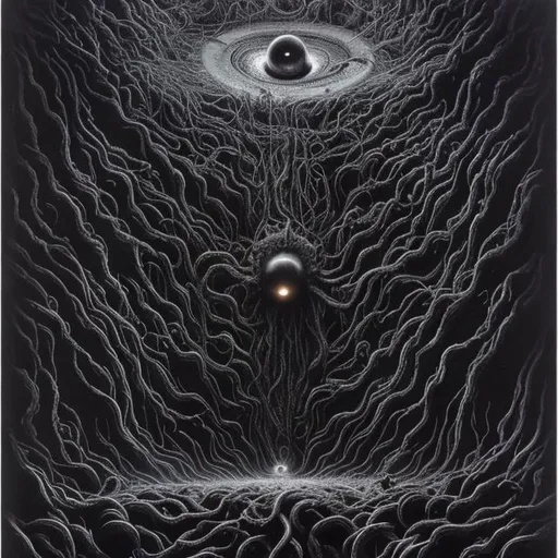 Prompt: Azathoth, center of the universe, black hole, cosmos, black radiance, vastness, great void, chaos, cold waste, insanity, darkness, Necronomicon, beksinski, hr giger, Paolo Girardi, evil, wailing flutes, infinity, dread, vast emptiness