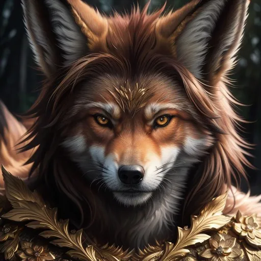 Prompt: masterpiece, epic oil painting, fantasy art, insanely beautiful portrait of a brawny rugged fox-wolf, (quadrupedal canine), UHD, HDR , 8k eyes, detailed face, big anime intense eyes, gold leaf wreath, dense rose-gold fur, close up, intricate details, insanely detailed, masterpiece, cinematic lighting, hyper realistic, hyper realistic fur, 8k, complementary colors, insanely beautiful and detailed mountain peak castle, golden ratio, high octane render, photo realism, volumetric lighting, glaring, growling, wise, depth, high definition face, highly detailed intense shading, unreal 5, concept art, artstation, top model, sunlight on hair, sparkling gold jewels on crest, intricate hyper detailed breathtaking colorful glamorous scenic view landscape, ultra-fine details, hyper-focused, deep colors, intense colors, dramatic lighting, ambient lighting, by sakimi chan, anne stokes, artgerm, wlop, pixiv, tumblr, instagram, deviantart