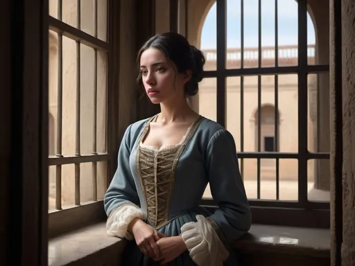 Prompt: Ana de Mendoza, imprisoned in her opulent but confining palace in Pastrana, wearing simple yet dignified clothing, reflecting on her fate through a barred window, with the austere and restrained interior of her confinement as the backdrop, capturing a sense of isolation and restrained grandeur, hyper-realistic, photo realism, cinematography --ar 9:16"