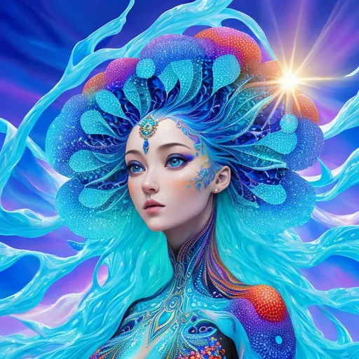 Prompt: full color fractal Formula: z² + c + (z² + c) / (3z³ + c) background in voronoi sky and sun,  1little woman,(masterpiece, illustration, best quality:1.5), insanely beautiful black ice SKADI little woman, ice blue body painting, global illumination, finely detailed, beautiful defined detailed face, beautiful detailed eyes, beautiful detailed shading, highly Detailed body, finely detailed, (3_ice_crystal_halos), tilted halos, full body, body lightly covered with frost, frosty wild hair, ice elements, ice particles, snowy and icy atmosphere, , full body focus, beautifully detailed background, cinematic, 64K, UHD, by Li Yue