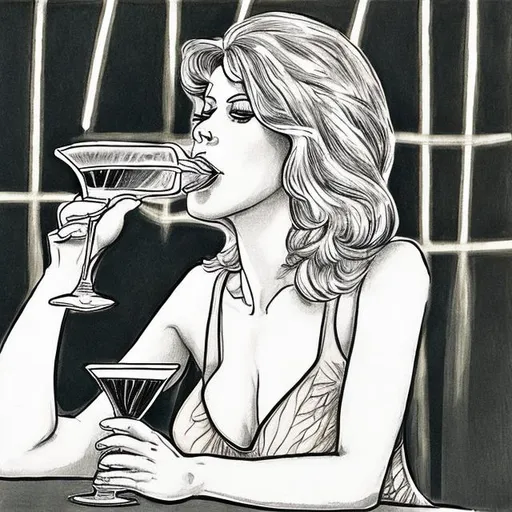 Prompt: A hand drawn picture in color of a sexual woman  drinking cocktails. 