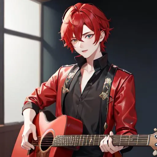 Prompt: Zerif 1boy (Red side-swept hair covering his right eye) playing a guitar UHD, 8K, highly detailed, young adult