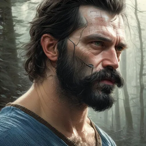 Prompt: Portrait of a man with black hair, long black beard and blue eyes, forest, perfect composition, hyperrealistic, super detailed, 8k, high quality, trending art, trending on artstation, sharp focus, studio photo, intricate details, highly detailed, by greg rutkowski