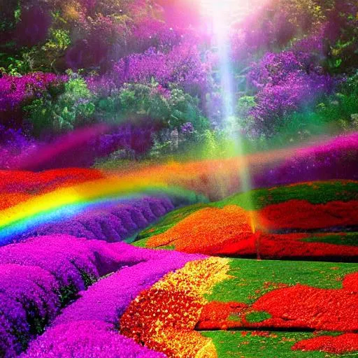 Prompt: Glorious light at the end of the dark troublesome tunnel of life opening a vast Forrest of whimsical beauty full of rainbows steams and flowers of all types 