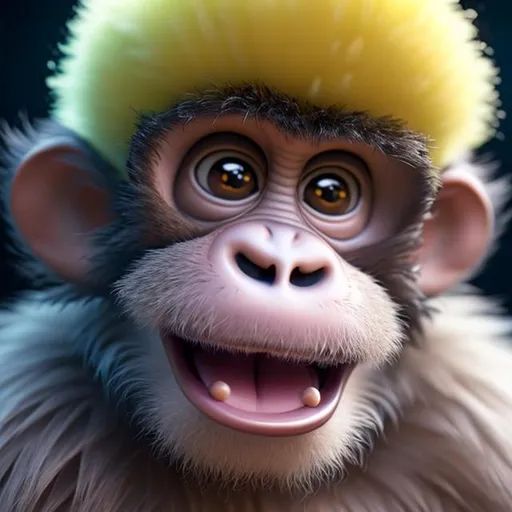Prompt: 3d fluffy monkey with banana hat, closeup cute and adorable, cute big circular reflective eyes, long fuzzy fur, Pixar render, unreal engine cinematic smooth, intricate detail, cinematic