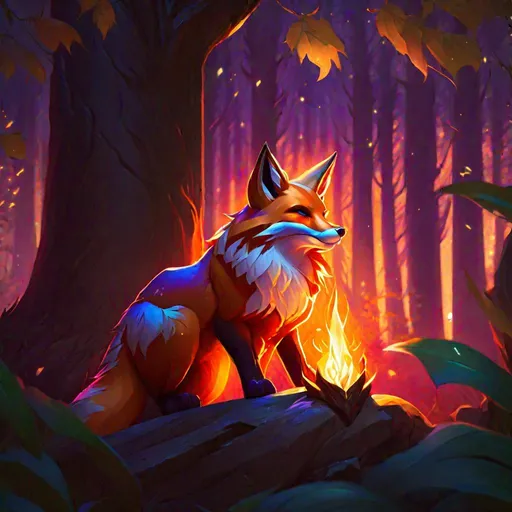 Prompt: world of warcraft style, fox sitting in a forest, sunset background, radiant, flaming eyes,  art by greg rutkowski and artgerm