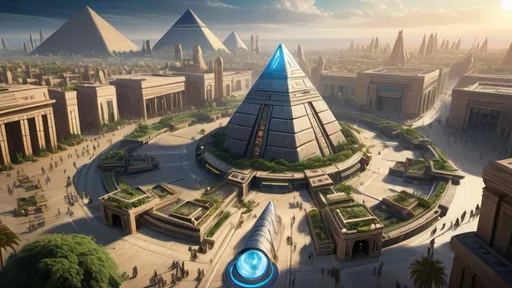 Prompt: Stargate in the middle of a city plaza, futuristic setting, aerial view, star portal, pyramid spaceships, floating pyramids, hanging gardens, detailed fantasy art, futuristic gardens, highres, detailed, aerial perspective, fantasy art, sci-fi, futuristic, star portal, detailed architecture, egyptian architecture, professional, magical lighting, atlantis setting