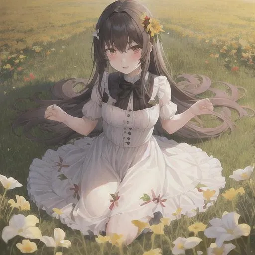 Prompt: Girls on the flowers field, Sunray, best quality, masterpiece, blood
