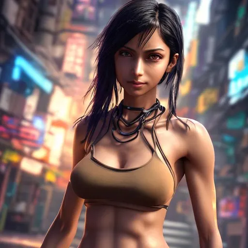 Prompt: 4k high resolution cgi anime cyberpunk style, 45 year old petite indian female, muscular, bare belly and low cut halter top, 34D chest, light brown eyes