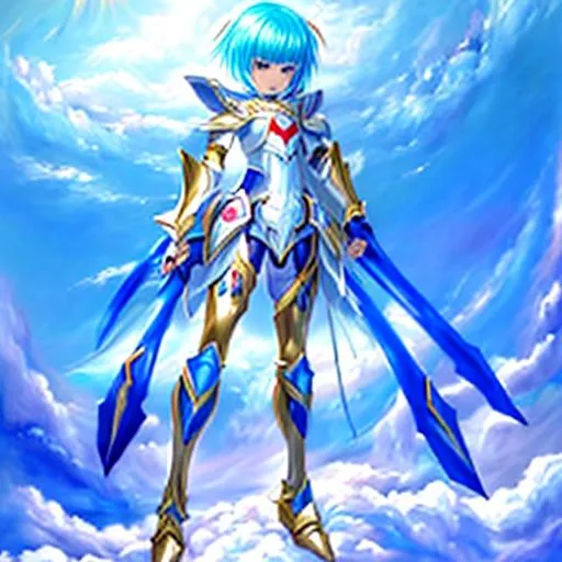 Prompt: Anime, painted, (masterpiece), best quality, expressive eyes, perfect face, full body, 1girl, fourteen years old, dressed in a blue skin tight bodysuit under a set of white armor, wielding a blue tower shield, chest plate with a small blue gem in the middle, short blue hair, blue eyes, determined expression, gauntlets, greaves, armored boots,