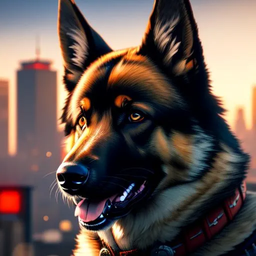 Prompt: professional photo of a german shepherd wearing a samurai clothes with samurai amour, cyberpunk city background, 8k, HDR, dog, epic, epic pose, masterpiece, best quality, ultra-detailed, absolutly eye-catching, highly detailed eyes, highly detailed fur, realistic appearance, photo realistic, realistic dog eyes, modern, realistic lighting, realistic reflections, realistic shadows