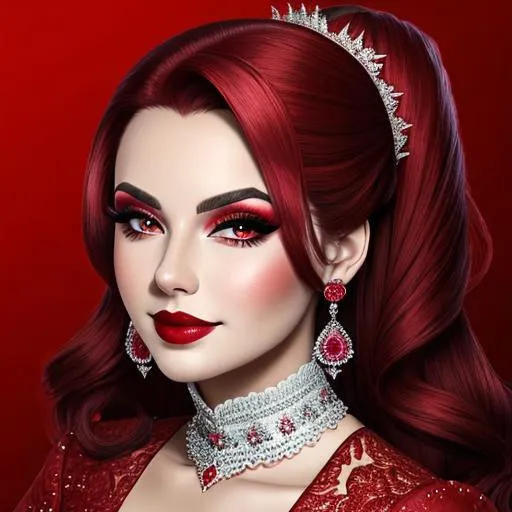 Prompt: Ruby ladylady, all in red, pretty makeup, elegant, nice clothes, facial closeup