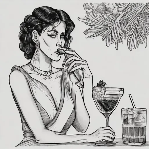 Prompt: A hand drawn picture of a 3 armed woman drinking cocktails, simple lines 
