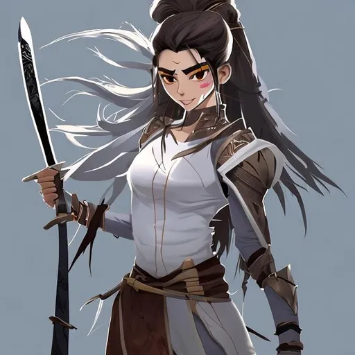 Prompt: An animated warrier girl wearing  pant and Blazer skin colour is white long hairs open  age almost 20 years young slim and fit holding an sword
