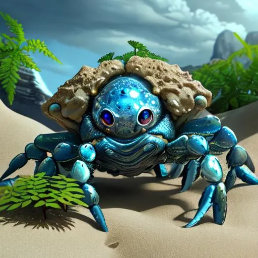 Prompt:  Metal shell crab character with telescopic  blue eye,Zahara, clouse-up,
 hyperrealistic, photorealistic, ultra-detailed, intricate details, unreal engine, octane render, bioma of sand, cavern in the sand   and amazing landscape ,rocks and gigant green fern, 4k. A vine covered tutor in the style of alexander jansson and gediminas pranckevicius mystical, magical, bloosom, volumetric lighting.