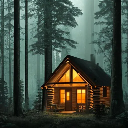 Prompt: A cabin in the midst of a dark forest with a faint light coming from the window