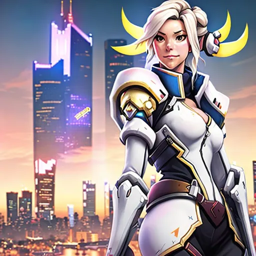 Prompt: Create an image with mercy from overwatch as portrait and in the background the blurry skyline of frankfurt