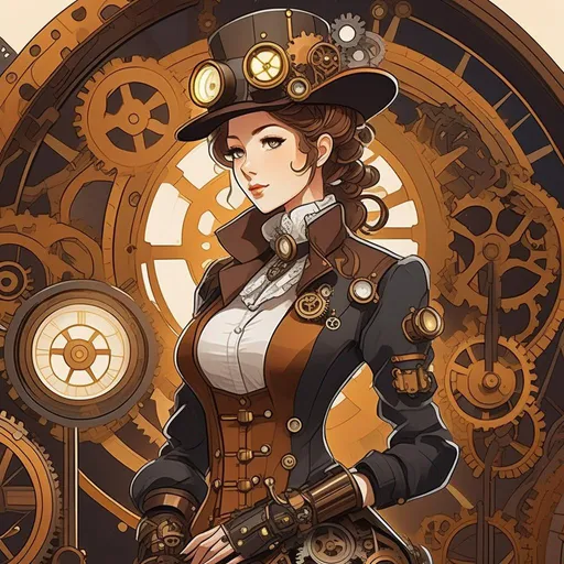 Prompt: Design an anime character that combines steampunk and cyberpunk aesthetics. She's a brilliant engineer with half of her body replaced by intricate steam-powered machinery. Her attire mixes Victorian-era fashion with high-tech elements. The illustration showcases her tinkering with gears and steam pipes, surrounded by a cluttered workshop. The lighting should emphasize the interplay between the warm hues of the machinery and the cool tones of her metallic parts.