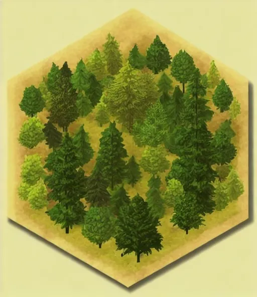 Prompt: green forest, green hexagonal grid for game board map, green forest and mountains, Map, dark forest, one hex, UHD, digital painting, hex tiles landscape, 