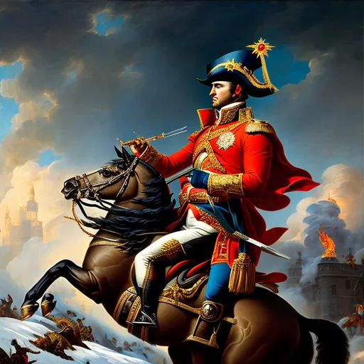 Prompt: > photo realistic fantastic painting for napoleon, wearing officer custom with intricate design, an intricate helm with an shotgun, classy french style, holding a great rifle with both hands, attack pose, battlefield, flaming castle, 