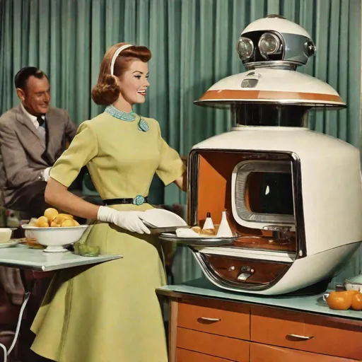 Prompt: Late 50s, Early 60s Retro-Futuristic domestic service robot.
