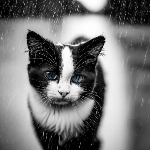 Prompt: a black and white cat in the rain