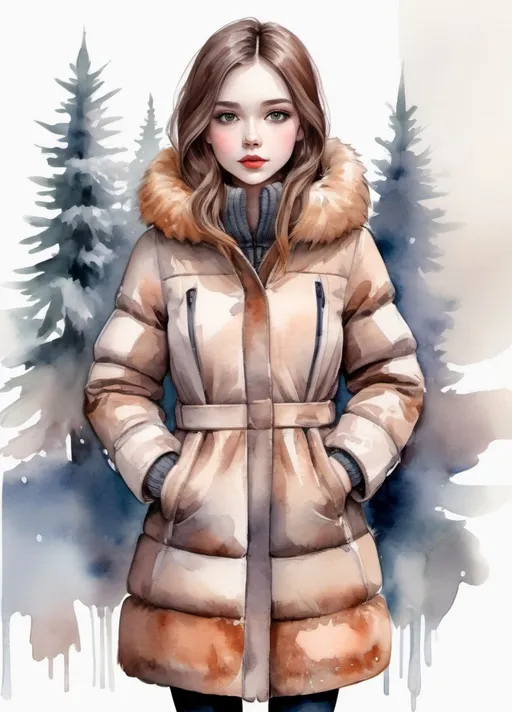 Prompt: young girl, winter outerwear,  very warm fur coat, a lot of details, high quality, standing straight, arms to the sides, paper doll, watercolor,