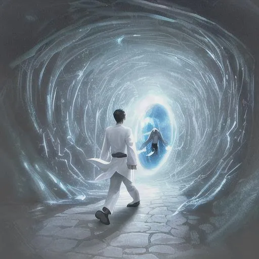 Prompt: A 25 year old handsome man steps with his feet trough a portal to another world. He is dressed in white linen. Photorealistic. Hyperrealistic