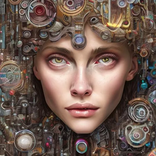 Prompt: Lofi biopunk portrait beautiful woman with short brown curly hair, roman face, unicorn, rainbow, floral, Pixar style, Cinematic, Studio lightning, beautiul, cute, pretty eyes, hyper resolution, hyper detailed, smooth, details, 8K, dramtic, focus, full shot, fantasy, realistic, hyper realistic, Tristan Eaton, Stanley Artgerm, Tom Bagshaw