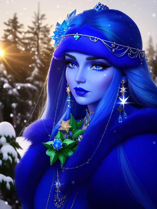 Prompt: Goddess, Heavy snow, Giant Blue Orb in Sky, Long Straight Blue hair, Ice crystal tiara with Green Flowers, Thick bushy blue eyebrows, medium sized nose, plump diamond shape face,  Blue lips, ethereal blue eyes, Triangle Star earrings, soft ears, Large blue plastic chain around neck, Blue heart necklaces, Purple candy shaped rings, Large blue fur coat with armor underneath. Scaley gloves. Long Blue Skirt with moons.
