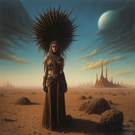 Prompt: beautiful survivor lady with stunning eyes, rock desert with spikes, post-apocalyptic, druid, fantasy, dungeons & dragons, h.r. giger, Zdzisław Beksiński, mad max, lady