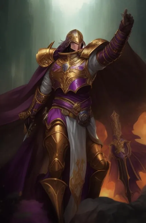 Prompt: Fulgrim, , armored in purple and gold, realistic, Man, holding sword, realistic, blurry background, human, imperial Aquila, hyper realistic, futuristic, helmet