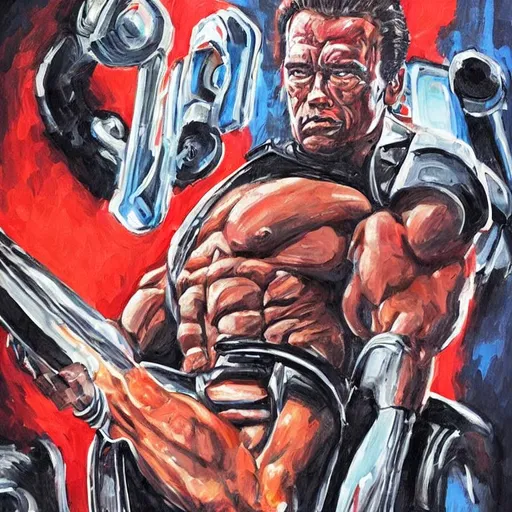 Prompt: Create a striking portrait of Arnold Schwarzenegger, capturing his strength and determination as an action hero. The background should feature a futuristic cityscape with a sci-fi feel, with neon lights and metallic structures. Arnold should be depicted in a powerful pose, showcasing his muscular physique and iconic stern expression. Include elements of technology, such as robotic limbs or futuristic weapons, to highlight Arnold's role as a futuristic hero.