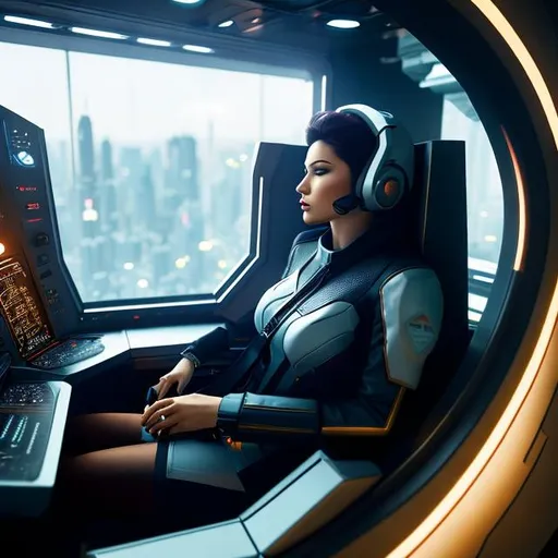 Prompt: a spaceship human pilot, in a spaceship chair, in a cyberpunk setting, cyborg, implants, high details, realistic , professionally colour graded, photorealism, 8k, moody lighting, art by George Pfau
