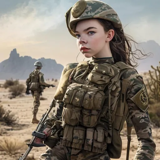 Prompt: anya taylor-joy a full body illustration of  female soldier , at desert background, beautiful face, realistic body proportion, bodysuit, haigh heels, full body frontal, ultra realistic, ukraine flag, ukraine soldier, micro body suit, heigh heels, long legs, transparent clothes, small nose, big eyes