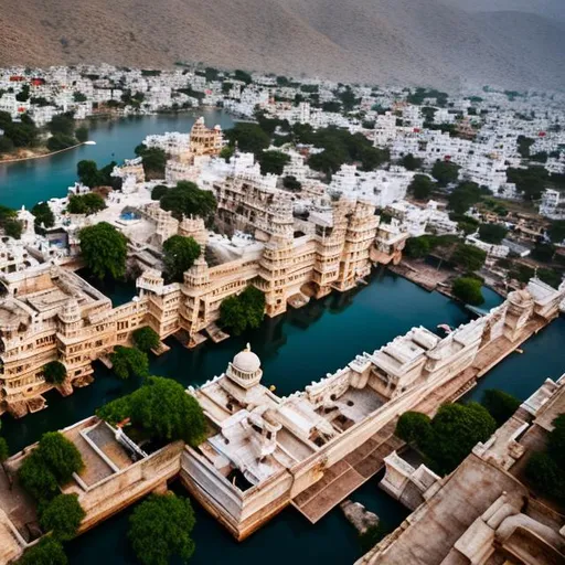 Prompt: Visual:** Udaipur, adorned with its iconic palaces, lakes, and bustling streets.
- **Notes:** The b Aerial shot capturing the sprawling cityscape breathtaking view immediately immerses the