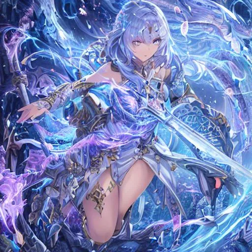 Prompt: Full-body detailed masterpiece, Realistic, fantasy art, Hyper detailed, Photo-realistic eyes, trails in the sky, blue moonlight background, flaming greatsword