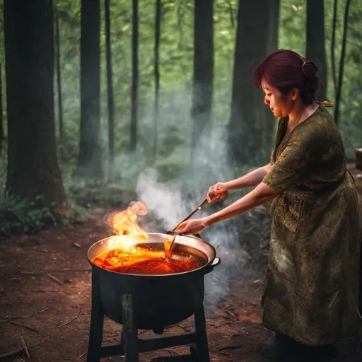 Prompt: a lady cooking in the forest