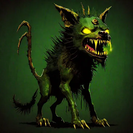Prompt: Bipedal creature resembling a dog, dark green fur, rotting flesh, brown helm with a spike, glowing yellow eyes, fanged hungry grin, masterpiece, best quality, in horror punk style